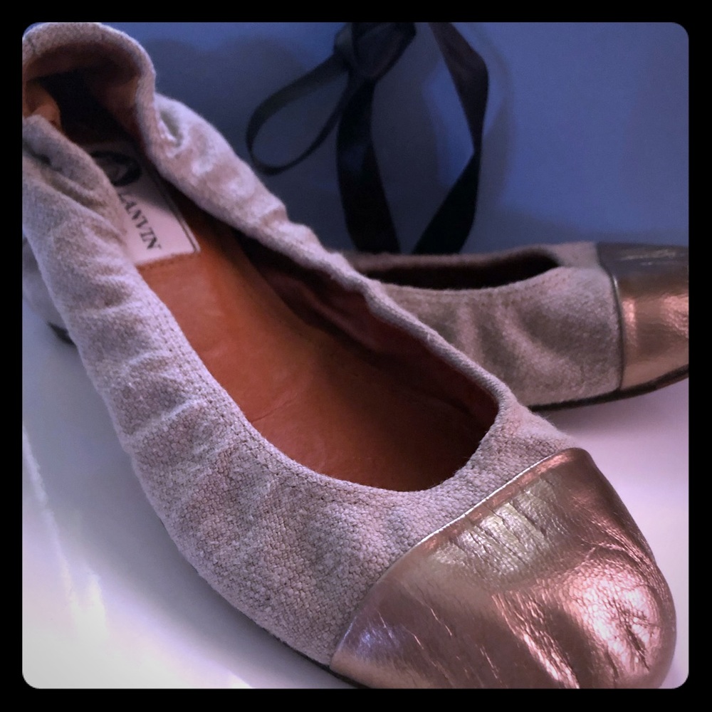 Lanvin Paris Flats Rose Gold Beige Woven Ballet 37